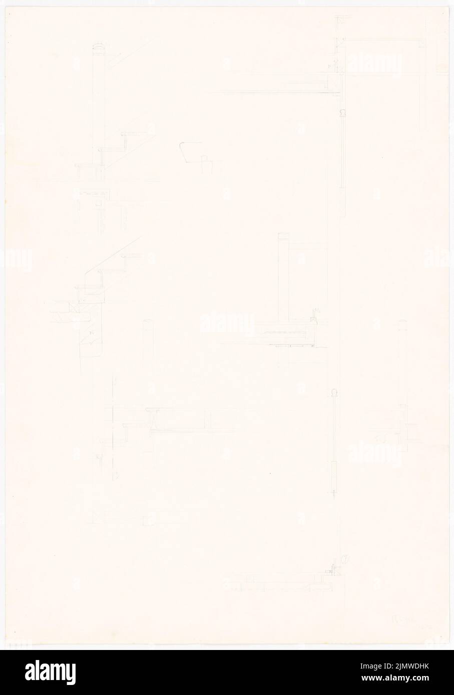 Michel Paul jun. (1922-1943), disegni costruttivi. Scale (ca 1941): scala: pianta del pavimento, tagli parziali, pali di collegamento. Matita su cartone, 74,7 x 52,1 cm (compresi i bordi di scansione) Michel Paul jun. (1922-1943): Baukonstruktive Zeichnungen. Treppe Foto Stock