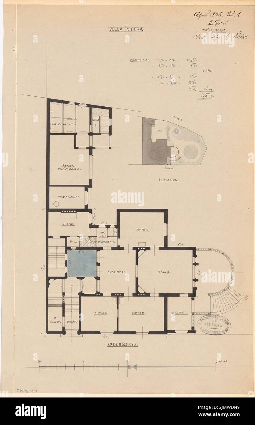 Thür Georg (1846-1924), villa a Gera. Concorso mensile Aprile 1878 (04,1878): Piano terra; barra doganale, piano spaziale, calcolo QM. Acquerello Tusche sulla scatola, 45 x 28,8 cm (compresi i bordi di scansione) Thür Georg (1846-1924): Villa, Gera. Monatskonkurrenz Aprile 1878 Foto Stock