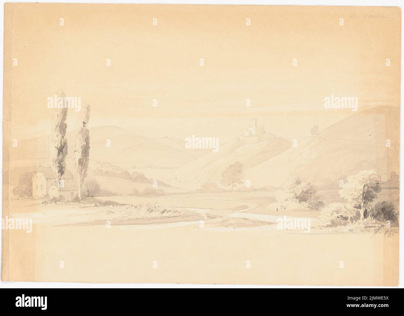 Persius Reinhold (1835-1912), Vista di Soden (08,1883): Vista. Matita acquerello bianco con bordo carta, 25,5 x 35,8 cm (compresi i bordi di scansione) Persius Reinhold (1835-1912): Ansicht von Soden Foto Stock