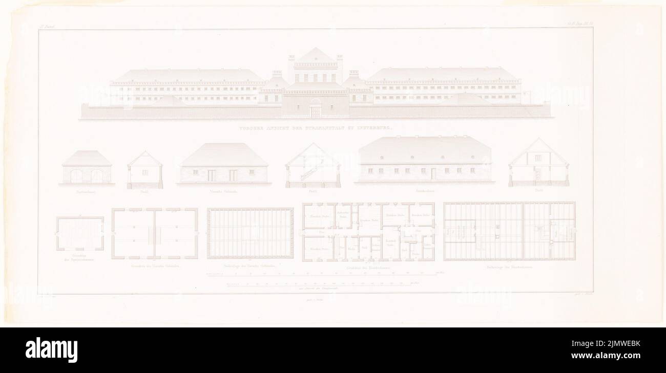 Schinkel Karl Friedrich (1781-1841), Centro penale di Insterburg (1832-1832): Spray house H: Pianta del pavimento, verticale, profilo; Ospedale K/L: Pianta del pavimento, vista, sezioni trasversali, magazzino M: Pianta del pavimento, sistema di travi del tetto, turm. Cucire su carta, 29 x 58,9 cm (compresi i bordi di scansione) Schinkel Karl Friedrich (1781-1841): Strafanstalt, Insterburg. (Aus: Bauausführungen des preußischen Staats, Bd 2) Foto Stock