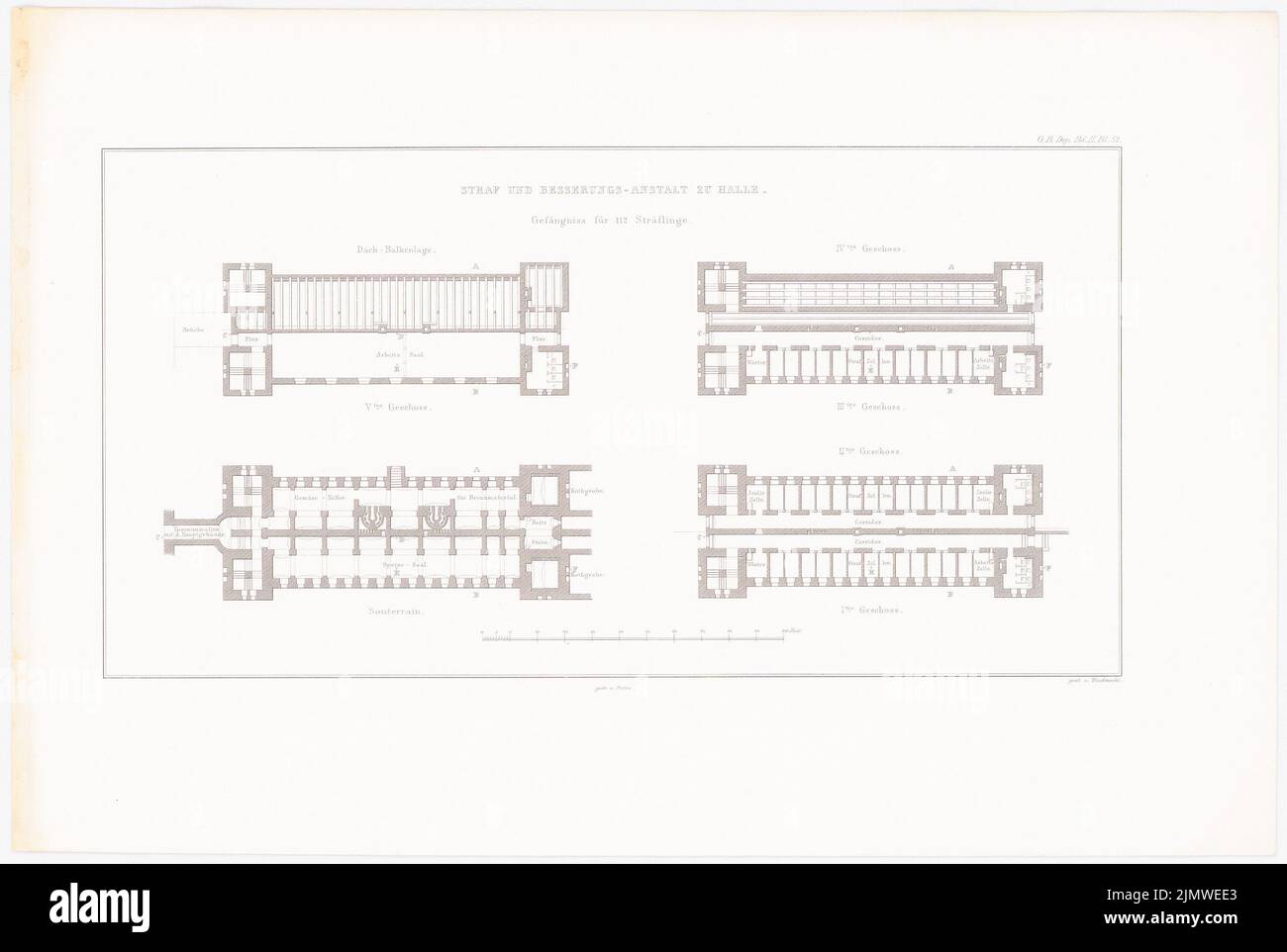 Oberbau deputazione, prigione a Halle/Saale (1836-1836): Casa prigioniera: Piani (da: Costruzione dello Stato prussiano, Vol. 2, Bl. 52). Cucire su carta, 35,5 x 52,9 cm (compresi i bordi di scansione) Oberbaudeputazione : Gefängnis, Halle/Saale. (Aus: Bauausführungen des preußischen Staats, Bd 2) Foto Stock