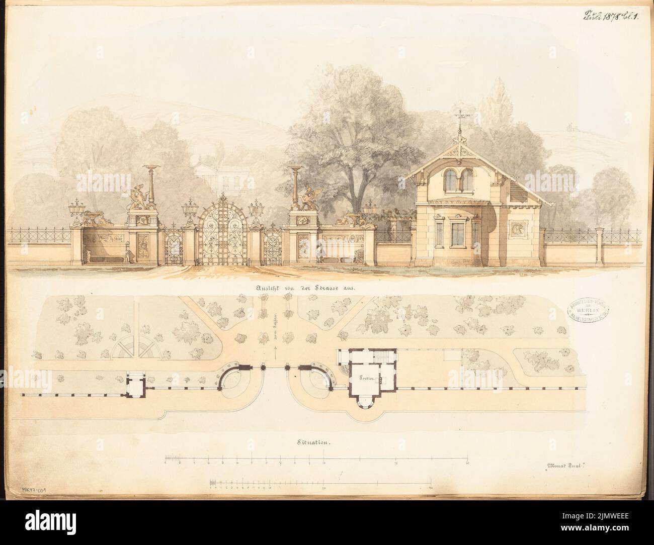 Architetto sconosciuto, portale con gatekeeper. Concorso mensile luglio 1878 (07,1878): Piano di calpestio, vista della strada di ricorso; 2 strisce di scala. Acquerello Tusche su carta, 45,6 x 59,6 cm (compresi i bordi di scansione) N. : Portal mit Pförtnerhaus. Monatskonkurrenz Juli 1878 Foto Stock