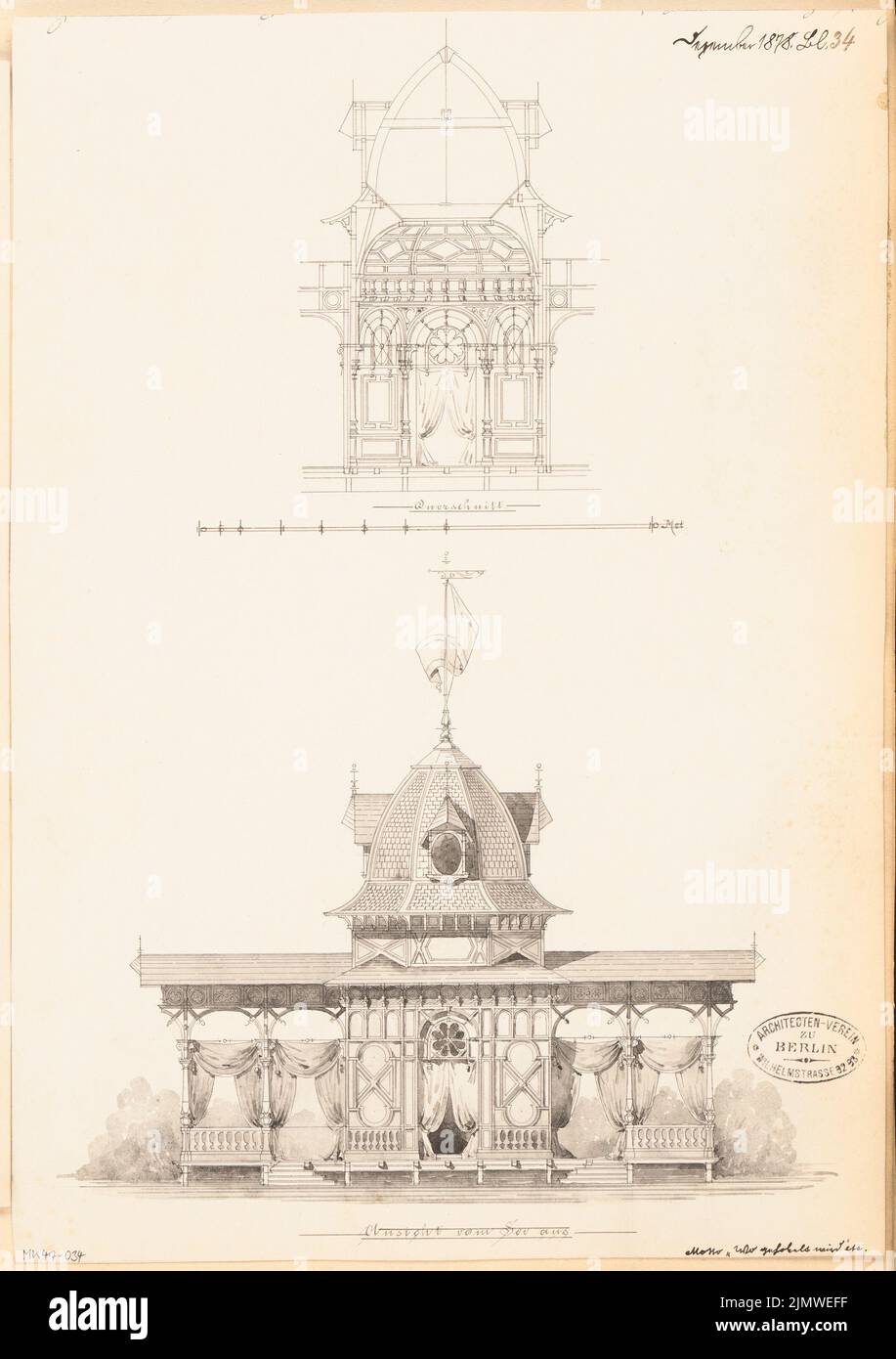 Architetto sconosciuto, sistema di balneazione. Concorso mensile Dicembre 1878 (12,1878): Vista mare RISS, sezione trasversale; barra di scala. Acquerello Tusche sulla scatola, 41,1 x 29 cm (compresi i bordi di scansione) N. : Badeanlage. Monatskonkurrenz Dezember 1878 Foto Stock