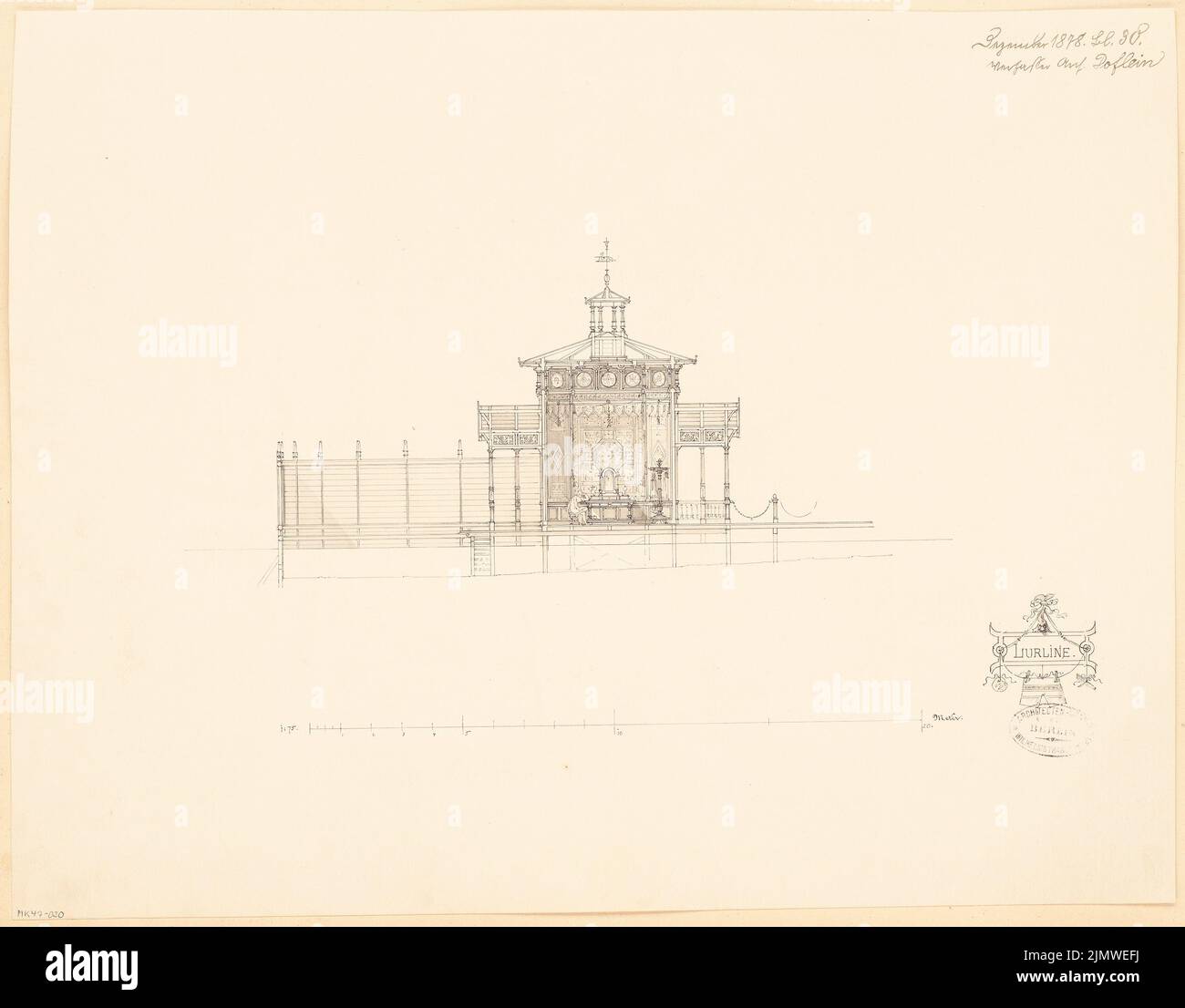 Doflein Karl (1856-1943), stabilimento balneare. Concorso mensile Dicembre 1878 (12,1878): Sezione longitudinale; barra di scala. Acquerello Tusche sulla scatola, 40,1 x 51,3 cm (compresi i bordi di scansione) Doflein Karl (1856-1943): Badeanlage. Monatskonkurrenz Dezember 1878 Foto Stock