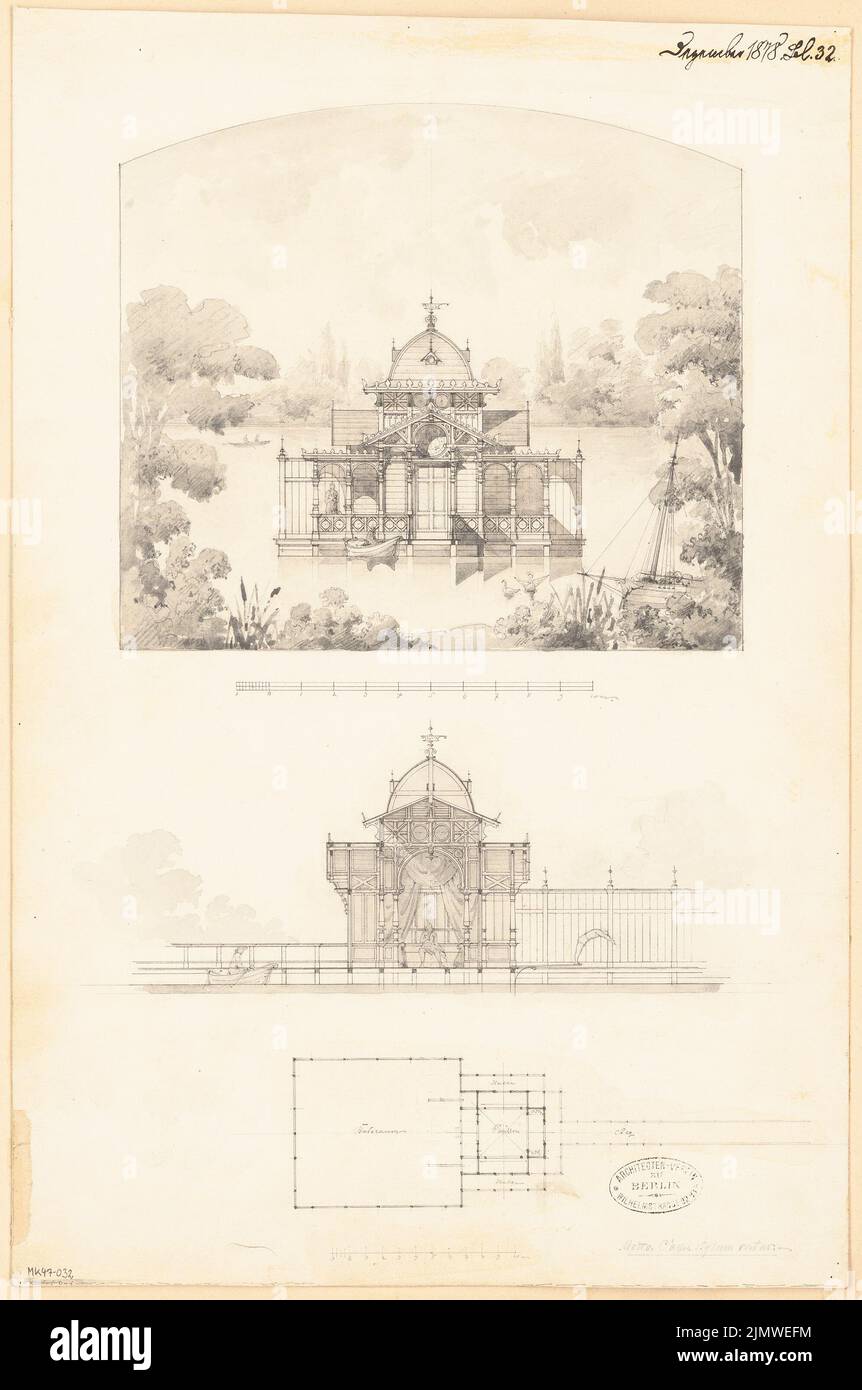 Architetto sconosciuto, sistema di balneazione. Concorso mensile Dicembre 1878 (12,1878): Pianta, rottura di Vista del terreno, sezione longitudinale; 2 strisce in scala. Inchiostro e matita acquerello sulla scatola, 53,3 x 35,4 cm (compresi i bordi di scansione) N. : Badeanlage. Monatskonkurrenz Dezember 1878 Foto Stock