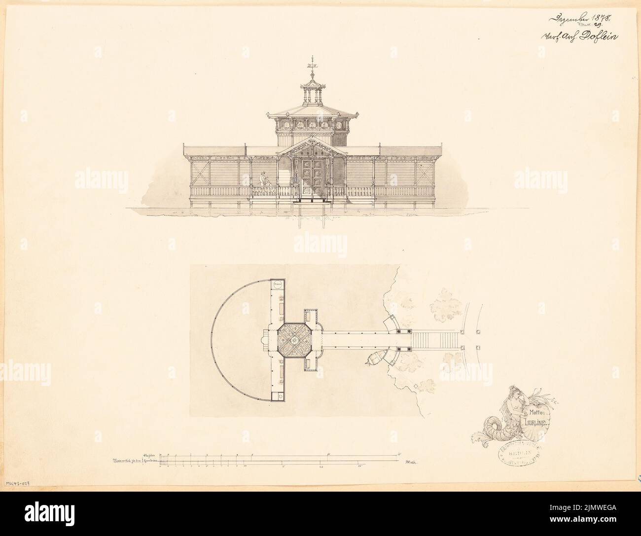 Doflein Karl (1856-1943), stabilimento balneare. Concorso mensile Dicembre 1878 (12,1878): Pianta del sito con pianta del piano, recourse Vista del terreno; 2 strisce in scala. Acquerello Tusche sulla scatola, 42,7 x 55,7 cm (compresi i bordi di scansione) Doflein Karl (1856-1943): Badeanlage. Monatskonkurrenz Dezember 1878 Foto Stock