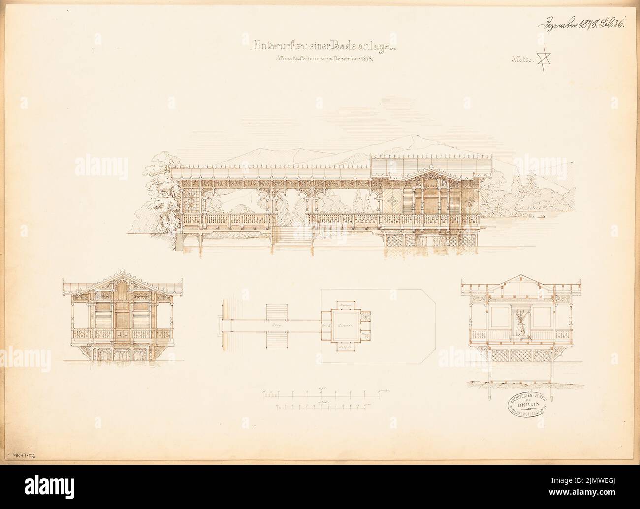 Architetto sconosciuto, sistema di balneazione. Concorso mensile Dicembre 1878 (12,1878): Pianta del pavimento, vista navale, vista laterale, sezione trasversale; 2 strisce di scala. Acquerello Tusche sulla scatola, 42,5 x 58,5 cm (compresi i bordi di scansione) N. : Badeanlage. Monatskonkurrenz Dezember 1878 Foto Stock