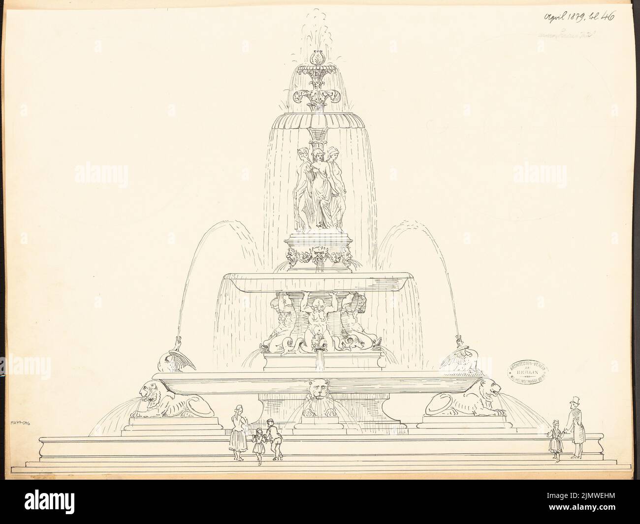 Architetto sconosciuto, fontana per Wilhelmplatz a Berlino. Concorso mensile Aprile 1879 (04,1879): Visualizza. Inchiostro su cartone, 44,6 x 59,4 cm (inclusi i bordi di scansione) N. : Brunnen für den Wilhelmplatz, Berlino. Monatskonkurrenz Aprile 1879 Foto Stock