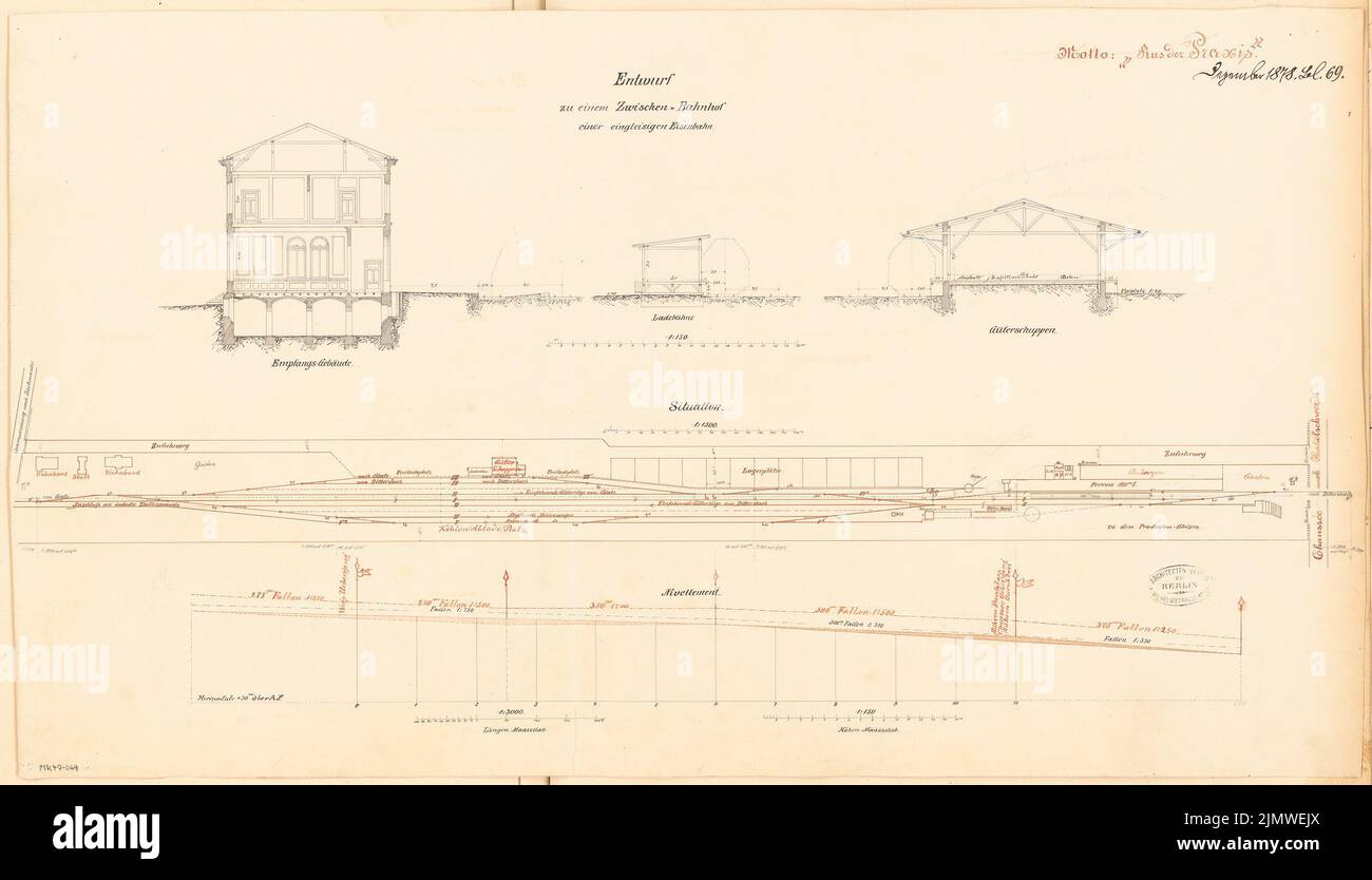 Architetto sconosciuto, stazione di una piccola città industriale in Slesia. Concorso mensile Dicembre 1878 (12,1878): Dipartimento 1: 1500, terreno tagliato 1: 3000 (altezze 1: 150), 3 sezioni trasversali; 3 strisce di scala. Acquerello Tusche sulla scatola, 44,3 x 77,3 cm (compresi i bordi di scansione) N. : Bahnhofsanlage einer kleinen Industriestadt in Schlesien. Monatskonkurrenz Dezember 1878 Foto Stock