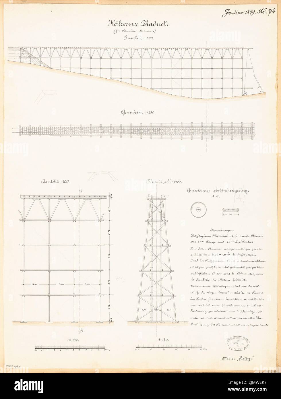 Architetto sconosciuto, viadotto in legno. Concorso mensile Gennaio 1879 (01,1879): Pianta, vista laterale verticale 1: 250, sezione longitudinale, sezione trasversale 1: 100, dettagli; 2 strisce in scala, testo esplicativo. Acquerello Tusche sulla scatola, 58,7 x 44,2 cm (compresi i bordi di scansione) N. : Hölzerner Viadukt. Monatskonkurrenz Januar 1879 Foto Stock