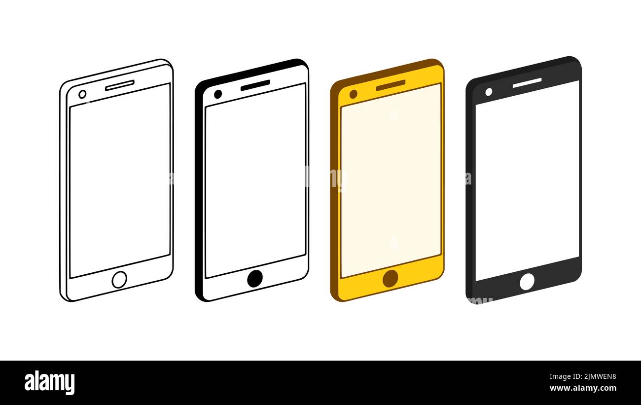 L'icona del telefono cellulare o dello smartphone è impostata in stili diversi. Illustrazione vettoriale del dispositivo o del gadget isolata su sfondo bianco. Foto Stock