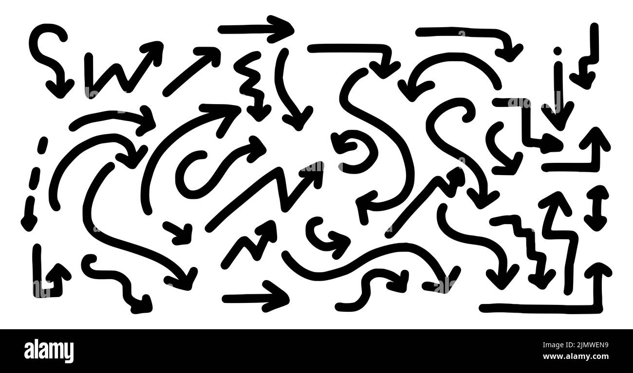 Set vettoriale di frecce stile doodle isolate su sfondo bianco. Illustrazione del vettore glifo delle frecce disegnate a mano. Freccia di direzione Foto Stock
