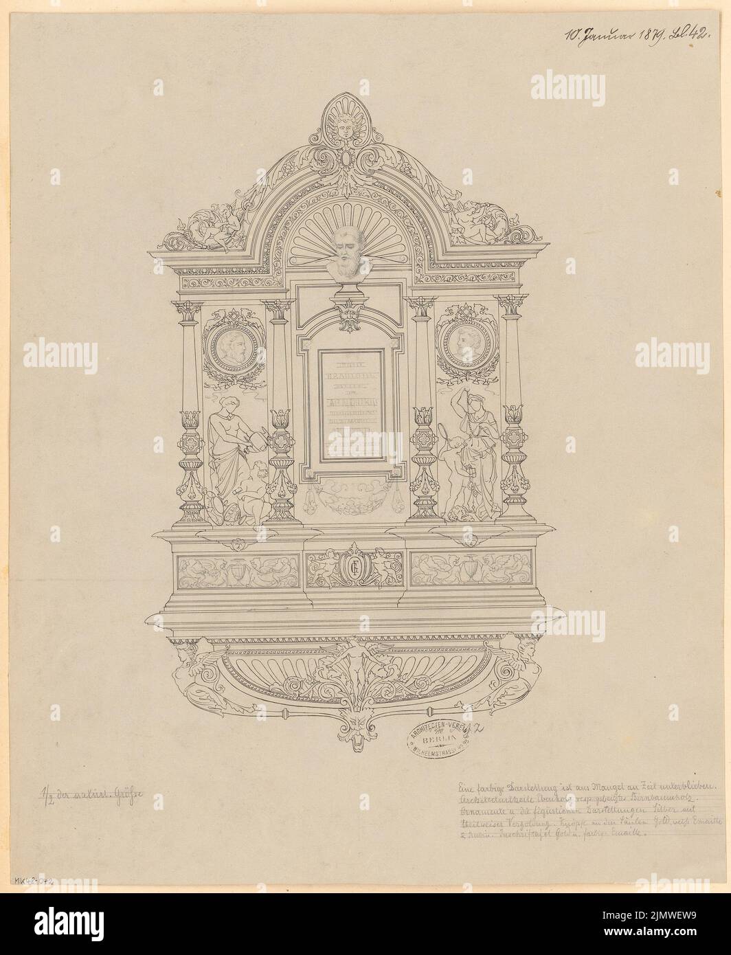 architetto sconosciuto, targa. Concorso mensile Gennaio 1879 (01,1879): Vista frontale; testo esplicativo. Inchiostro e matita su cartone, 52,1 x 42,6 cm (compresi i bordi di scansione) N. : Gedenktafel. Monatskonkurrenz Januar 1879 Foto Stock