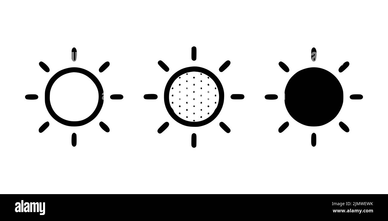 Illustrazione vettoriale di simboli solari o solari in diversi stili isolati su sfondo bianco. Foto Stock