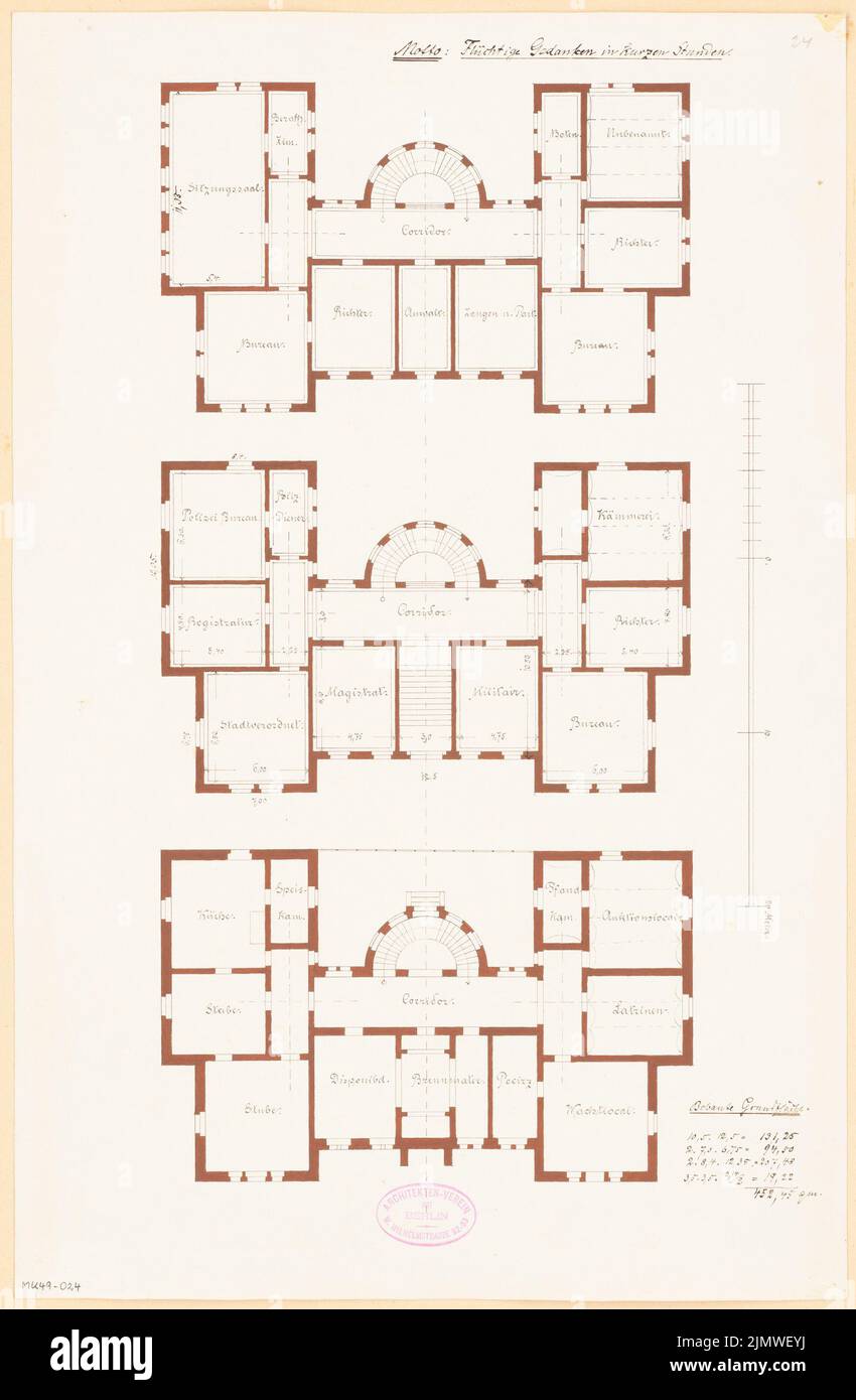 Architetto sconosciuto, municipio di Calau. Concorso mensile Marzo 1879 (03,1879): Variante II: Piano seminterrato, piano terra, piano superiore; Scala bar. Acquerello Tusche sulla scatola, 50 x 32,7 cm (compresi i bordi di scansione) N. : Rathaus, Calau. Monatskonkurrenz März 1879 Foto Stock