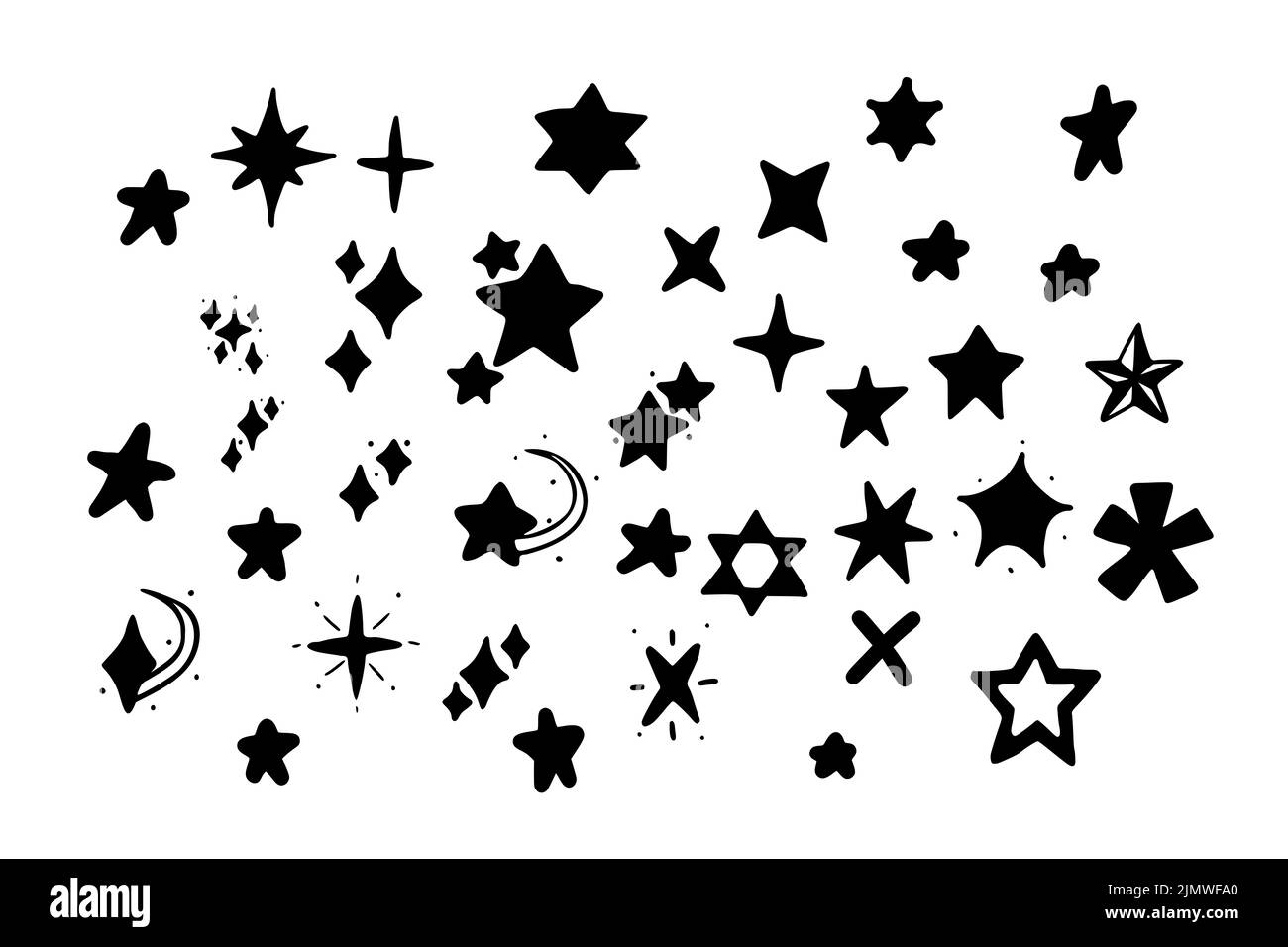 Set vettoriale di stelle in stile doodle isolato su sfondo bianco. Illustrazione del vettore glifo delle stelle disegnate a mano. Foto Stock