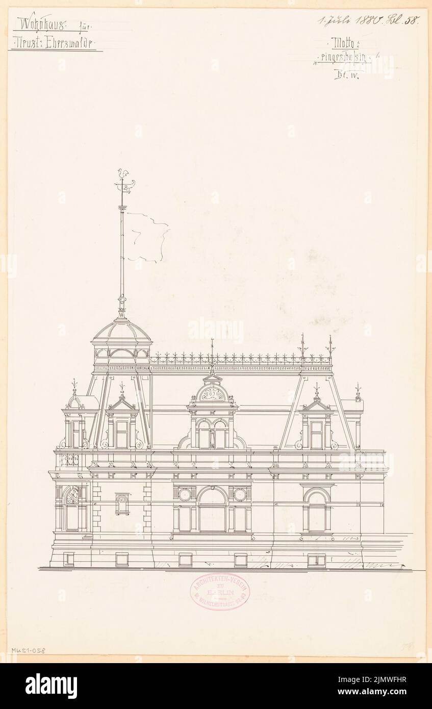 Architetto sconosciuto, edificio residenziale a Eberswalde. Concorso mensile nel luglio 1880 (07,1880): Riß Street view. Inchiostro su cartone, 41,9 x 27,3 cm (inclusi i bordi di scansione) N. : Wohnhaus, Eberswalde. Monatskonkurrenz Juli 1880 Foto Stock