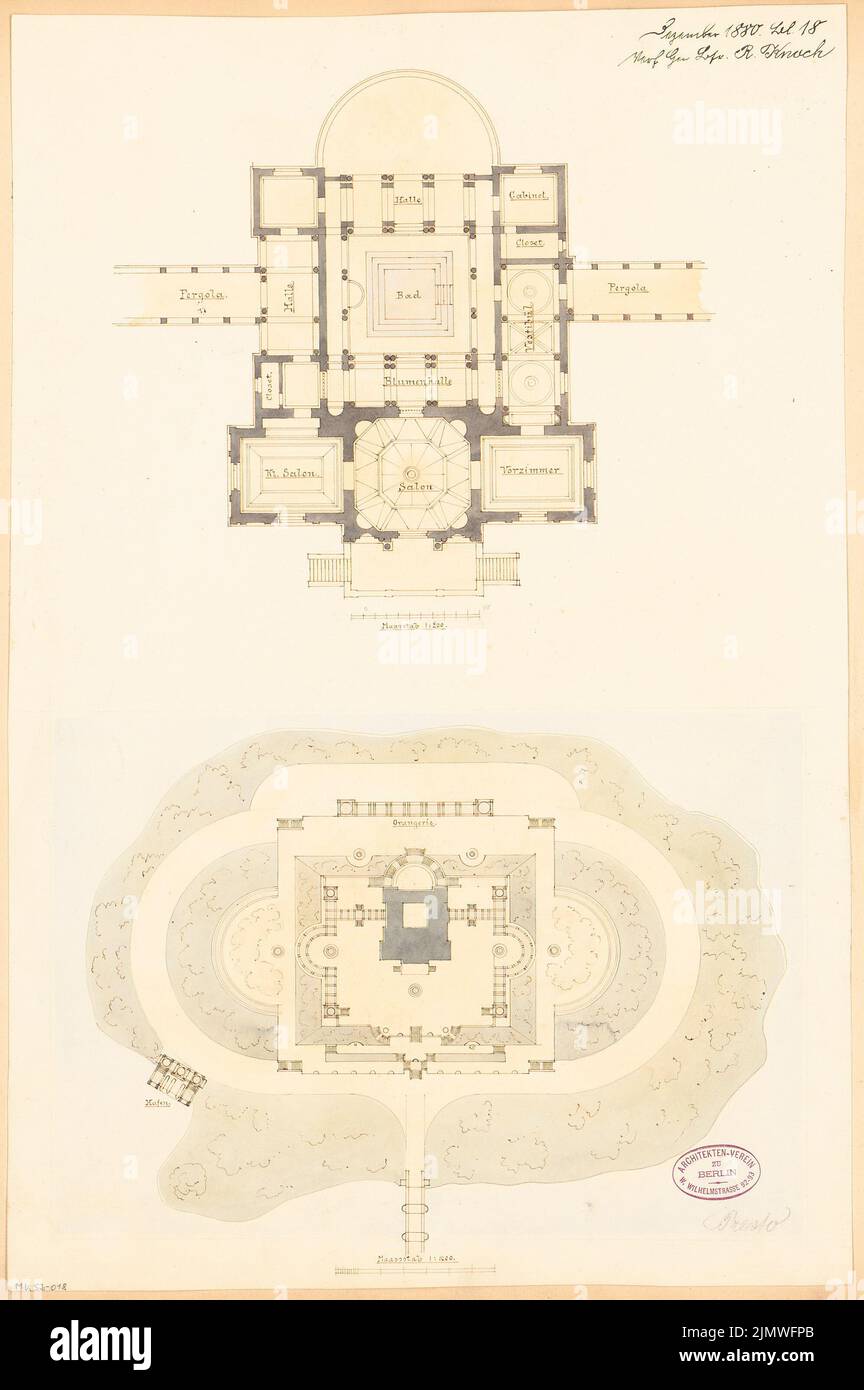 Knok Reinhold (1854), Lusthaus su un'isola. Concorso mensile Dicembre 1880 (12,1880): Pianta del sito, piano terra piano; 2 strisce in scala. Acquerello Tusche sulla scatola, 55,8 x 37,1 cm (compresi i bordi di scansione) Knok Reinhold (geb. 1854): Lusthaus auf einer Insel. Monatskonkurrenz Dezember 1880 Foto Stock