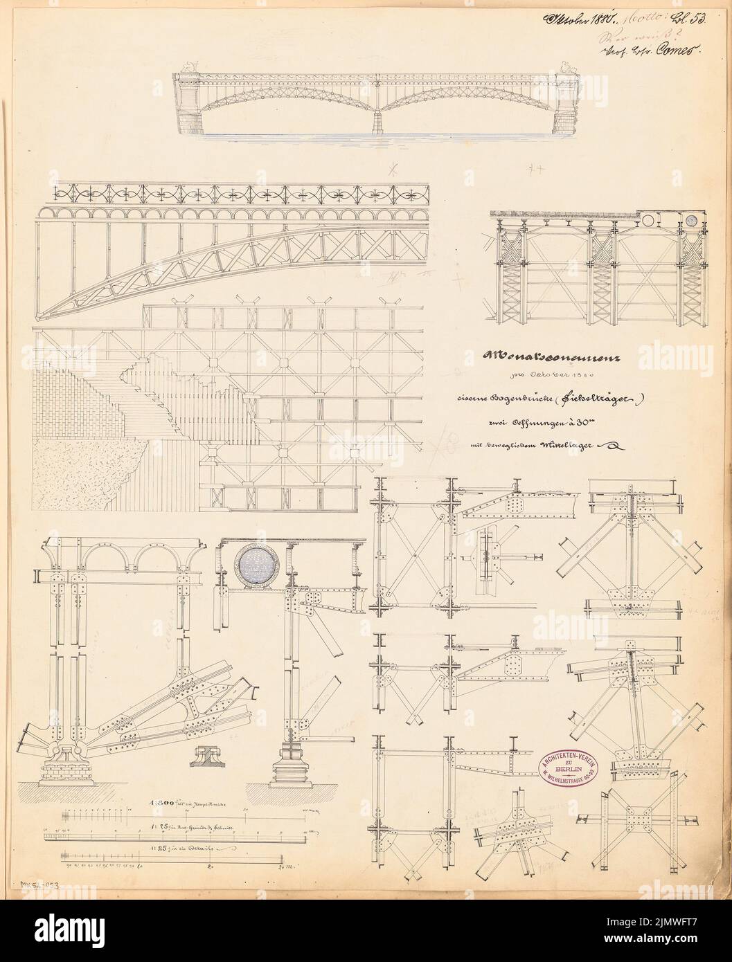 Viene Carl, ponte ad arco in ferro. Concorso mensile Ottobre 1880 (10,1880): Pianta del pavimento, vista laterale del profilo, sezione trasversale 1:75; Riss vista laterale 1: 300, dettagli del disegno 1:25; 3 strisce in scala. Inchiostro su cartone, 57,1 x 46,5 cm (compresi i bordi di scansione) arriva Carl : Eiserne Bogenbrücke. Monatskonkurrenz Oktober 1880 Foto Stock