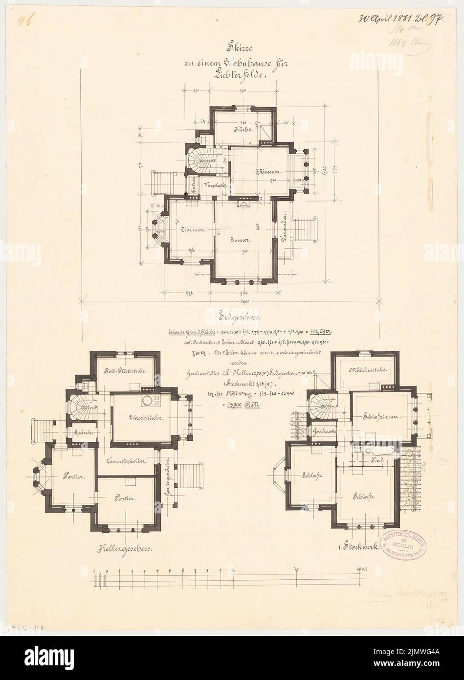 Sconosciuto architetto, edificio rurale residenziale a Berlino-Lichterfelde. Concorso mensile Aprile 1881 (04,1881): Piano terra cantina, piano terra, piano superiore; Scala bar, testo esplicativo. Inchiostro su cartone, 51,2 x 37,4 cm (inclusi i bordi di scansione) N. : Ländliches Wohnhaus, Berlino-Lichterfelde. Monatskonkurrenz Aprile 1881 Foto Stock