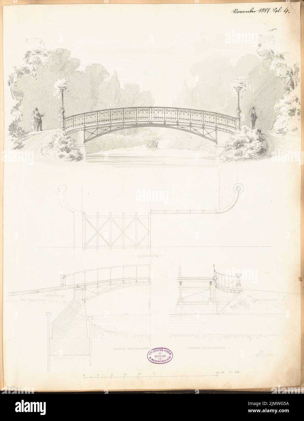 Sconosciuto architetto, ponte pedonale in ferro battuto nel Tiergarten di Berlino. Concorso mensile Novembre 1881 (11,1881): Vista laterale RISS; in sezioni: Pianta del pavimento, sezione longitudinale, croce -section1: 50; Scala bar. Acquerello a matita sulla scatola, 58,8 x 45,4 cm (compresi i bordi di scansione) N. : Schmiedeeiserne Fußgängerbrücke im Berliner Tiergarten. Monatskonkurrenz Novembre 1881 Foto Stock