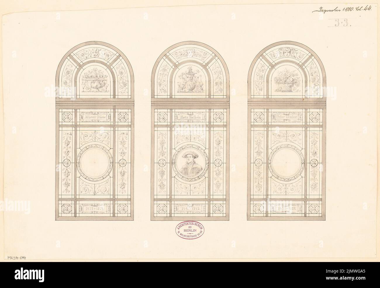 Architetto sconosciuto, finestra per la casa dell'associazione di architetto a Berlino. Concorso mensile dicembre 1880 (concorso 1st) (12,1880): 3 visualizzazioni. Inchiostro e matita acquerello sulla scatola, 34 x 49,4 cm (compresi i bordi di scansione) N. : Fenster für das Haus des Architekten-Vereins zu Berlino. Monatskonkurrenz Dezember 1880 (1. Wettbewerb) Foto Stock