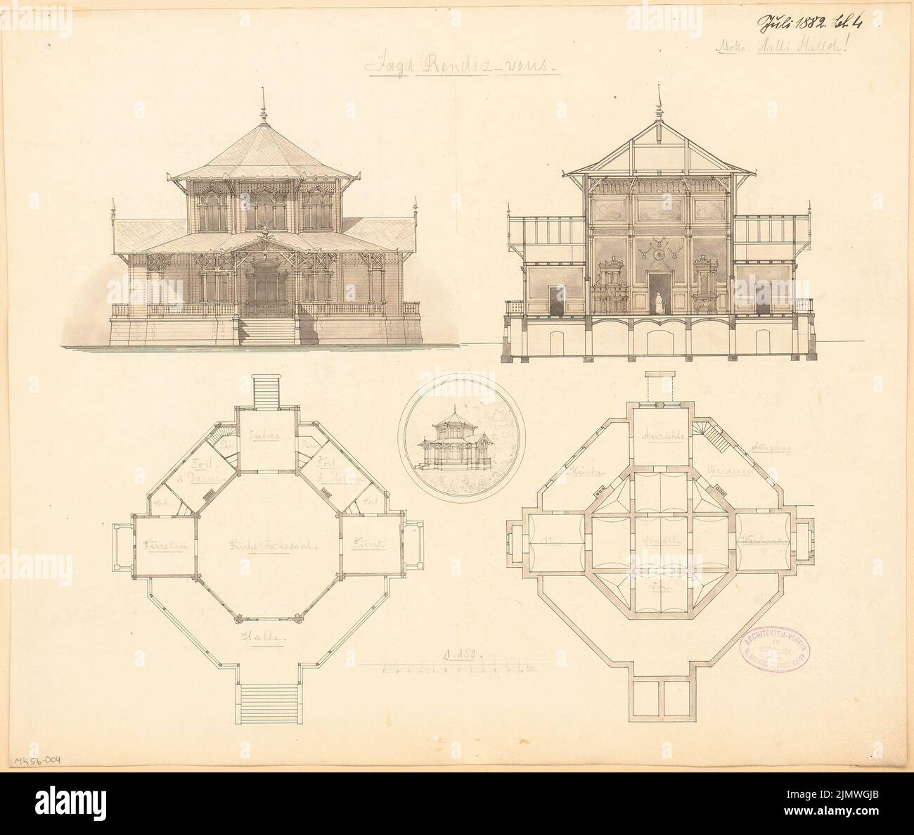 Architetto sconosciuto, pidocchio da caccia. Concorso mensile Luglio 1882 (07,1882): Piano seminterrato, piano superiore, lato di ingresso tortura, sezione trasversale; disegno prospettico; Barra di scala. Acquerello Tusche sulla scatola, 40,7 x 48,3 cm (compresi i bordi di scansione) N. : Jagdhaus. Monatskonkurrenz Juli 1882 Foto Stock