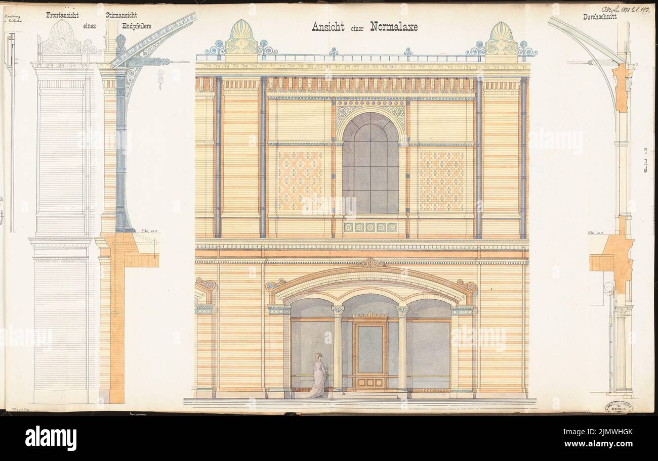 Architetto sconosciuto, Staorsbahn stazione Stadtbahn a Berlino. Concorso mensile Ottobre 1878 (10,1878): Vista laterale RISS (estratto), taglio verticale della facciata, profilo della vista frontale e vista laterale di una pietra angolare con un particolare. Acquerello Tusche sulla scatola, 59,3 x 93,8 cm (compresi i bordi di scansione) N. : Bahnhof Börse der Stadtbahn, Berlino. Monatskonkurrenz Oktober 1878 Foto Stock