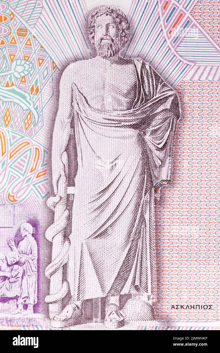 Asclepio ritratto dal greco denaro Foto Stock