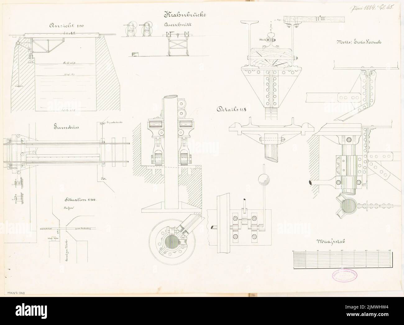 architetto sconosciuto, ponte gru. Concorso mensile 1884 giugno (06,1884): Pianta del sito 1: 500; pianta del piano, montante 1:50; Dettagli 1: 5; Scala bar. Inchiostro su cartone, 48,9 x 66,6 cm (inclusi i bordi di scansione) N. : Kranbrücke. Monatskonkurrenz Juni 1884 Foto Stock