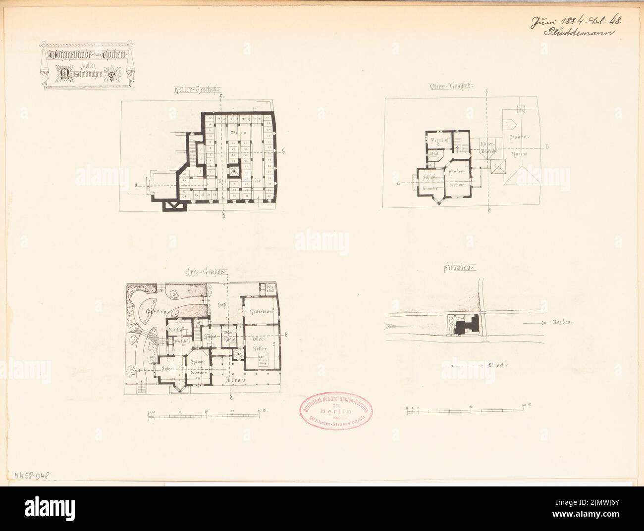 Plüddemann Richard (1846-1910), villa a Cochem. Concorso mensile Giugno 1884 (06,1884): Pianta del sito, piano seminterrato, piano terra, piano superiore; 2 strisce in scala. Pressione su cartone, 27,8 x 36,7 cm (compresi i bordi di scansione) Plüddemann Richard (1846-1910): Villa, Cochem. Monatskonkurrenz Juni 1884 Foto Stock