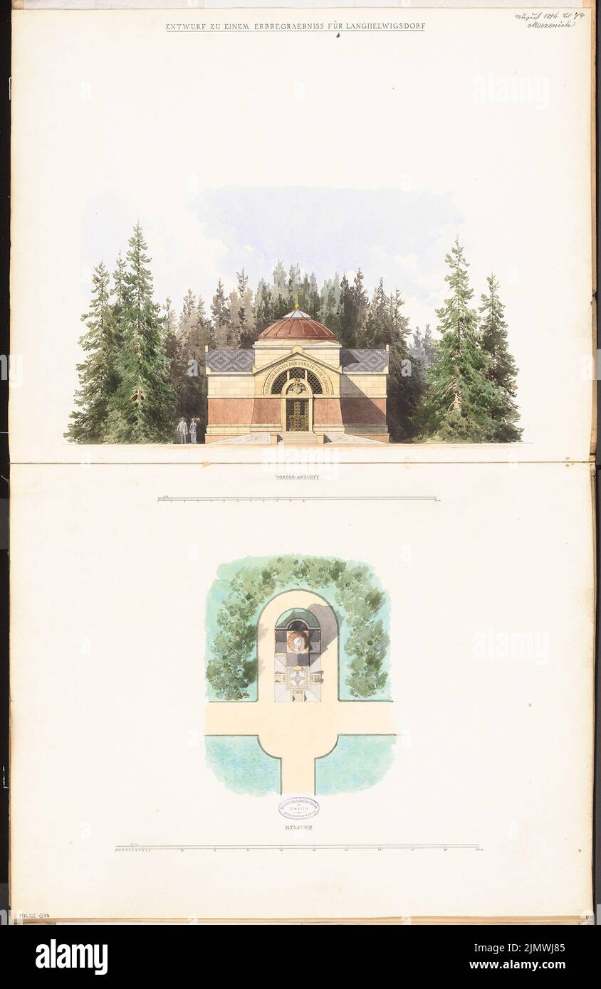 Merzenich Jean (1842-1911), sepoltura ereditaria a Langhelwigsdorf. Concorso mensile nel mese di agosto 1884 (08,1884): Site plan 1: 300, vista frontale di strappo 1:75; 2 strisce di scala. Acquerello Tusche sulla scatola, 91,8 x 59,7 cm (compresi i bordi di scansione) Merzenich Johann (1840-1913): Erbbegräbnis, Langhelwigsdorf. Monatskonkurrenz 1884 agosto Foto Stock