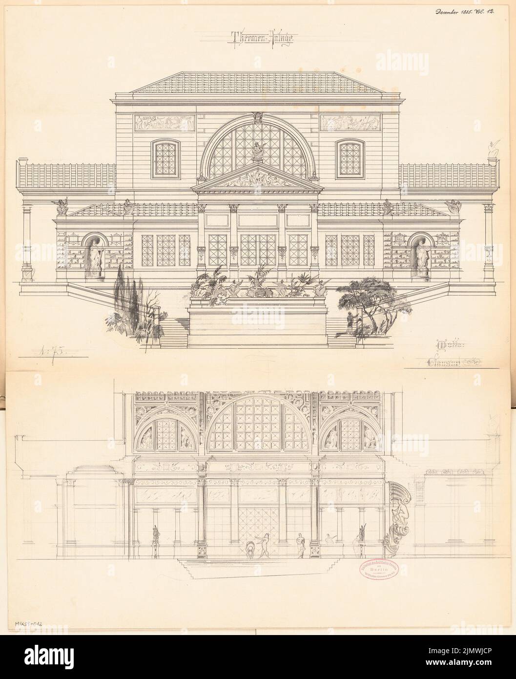 Architetto sconosciuto, sistema termico intorno a una fonte di foresta calda. Concorso mensile Dicembre 1885 (12,1885): RISS Vista dalla valle, sezione longitudinale 1:75; Scala bar. Inchiostro e matita su cartone, 66,9 x 54,4 cm (compresi i bordi di scansione) N. : Thermenanlage um eine warme Waldquelle. Monatskonkurrenz Dezember 1885 Foto Stock