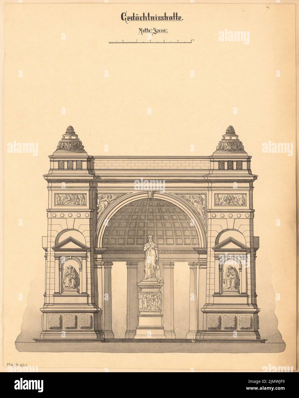 Architetto sconosciuto, sala commemorativa per una principessa. Concorso mensile 1886 giugno (06,1886): Vista frontale RISS; barra di scala. Acquerello Tusche sulla scatola, 53,6 x 43,1 cm (compresi i bordi di scansione) N. : Gedächtnishalle für eine Fürstin. Monatskonkurrenz Juni 1886 Foto Stock