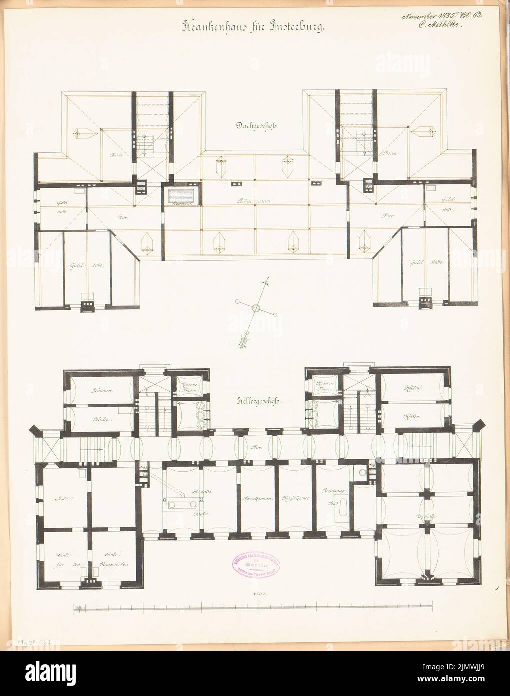 Mühlke Carl (nato nel 1851), ospedale distrettuale di Insterburg. Concorso mensile Novembre 1885 (11,1885): Grundriss Keller, soffitta 1: 100; Scala bar. Inchiostro su cartone, 56,2 x 44,1 cm (inclusi i bordi di scansione) Mühlke Karl (geb. 1851): Kreiskrankenhaus, Insterburg. Monatskonkurrenz Novembre 1885 Foto Stock