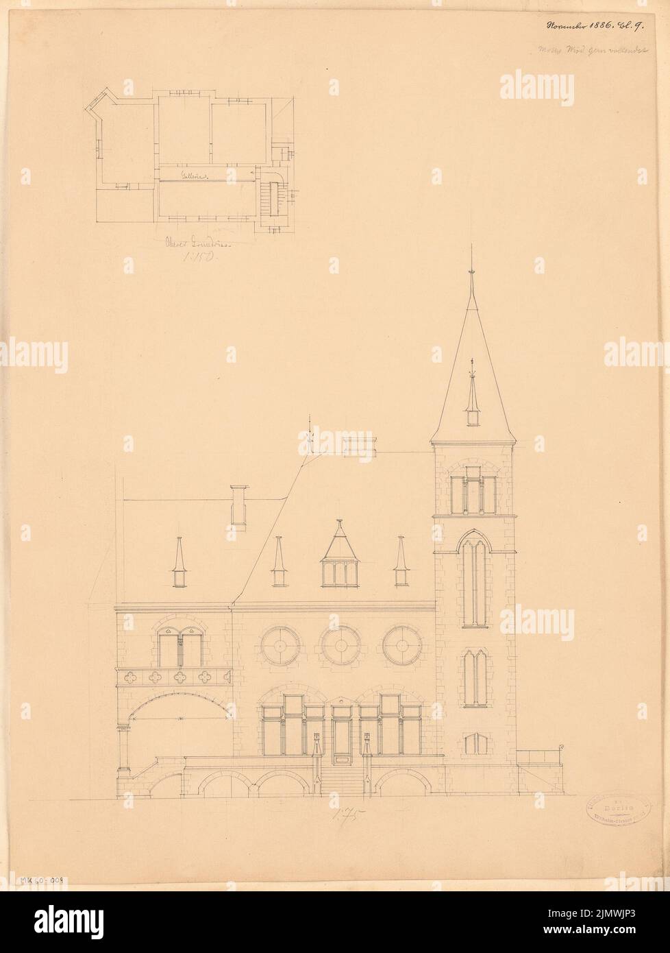 Architetto sconosciuto, villa. Concorso mensile Novembre 1886 (30 Ottobre 1886): Pianta del piano piano superiore 1: 150; Vista del giardino superiore (vista laterale) 1:75. Matita su cartone, 56,4 x 42,4 cm (compresi i bordi di scansione) N. : Villa. Monatskonkurrenz Novembre 1886 Foto Stock