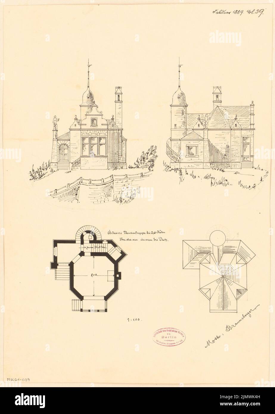 Architetto sconosciuto, case vigneto sulla Mosella. Concorso mensile Febbraio 1889 (02,1889): Piano, supervisione del tetto, tortura lato ingresso, lato fiume 1: 100. Inchiostro su cartone, integrato con matita, 47,6 x 33,8 cm (compresi i bordi di scansione) N. : Weinberghäuschen an der Mosel. Monatskonkurrenz Febbraio 1889 Foto Stock