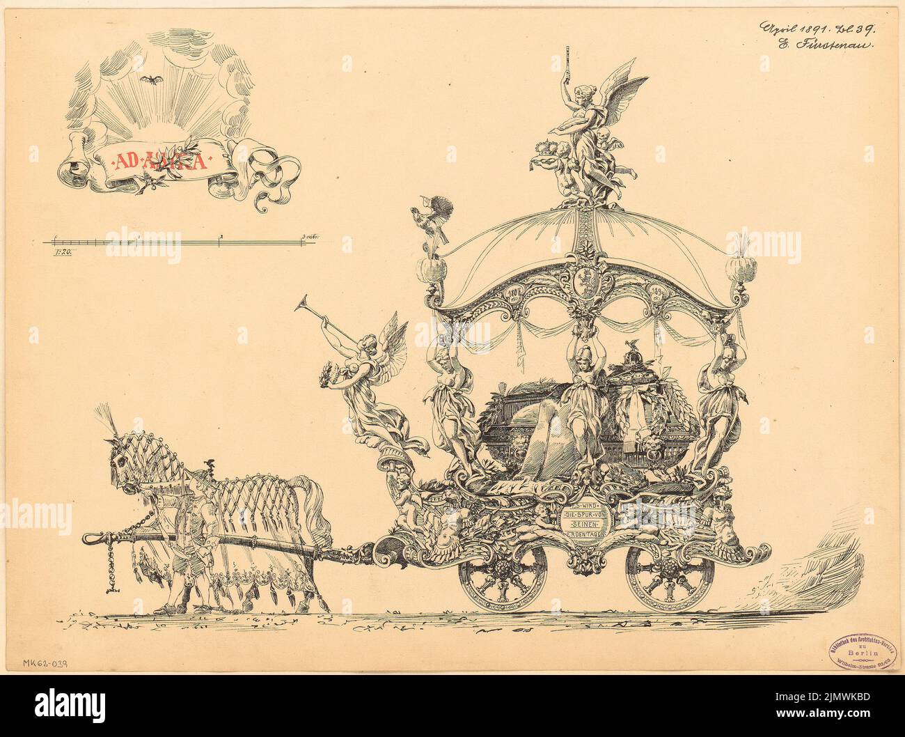 Fürstenau Eduard (1862-1938), auto funeraria. Concorso mensile Aprile 1891 (04,1891): Vista frontale RISS 1:20; barra di scala, testo esplicativo. Inchiostro su cartone, 40,4 x 54,2 cm (compresi i bordi di scansione) Fürstenau Eduard August Wilhelm (1862-1938): Bestattungswagen. Monatskonkurrenz Aprile 1891 Foto Stock