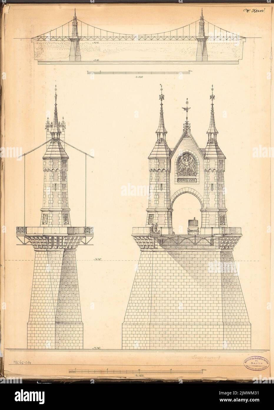 Kern Walter (1860-1912), colonne ponte di un ponte sospeso. Concorso mensile Marzo 1893 (03,1893): Variante 1: RISS vista laterale del ponte 1: 500; Risorto della vista longitudinale e trasversale del pilastro 1: 100; 2 strisce di scala. Inchiostro su cartone, 59,9 x 42,9 cm (compresi i bordi di scansione) Kern Walter (1860-1912): Brückenpfeiler einer Hängebrücke. Monatskonkurrenz März 1893 Foto Stock