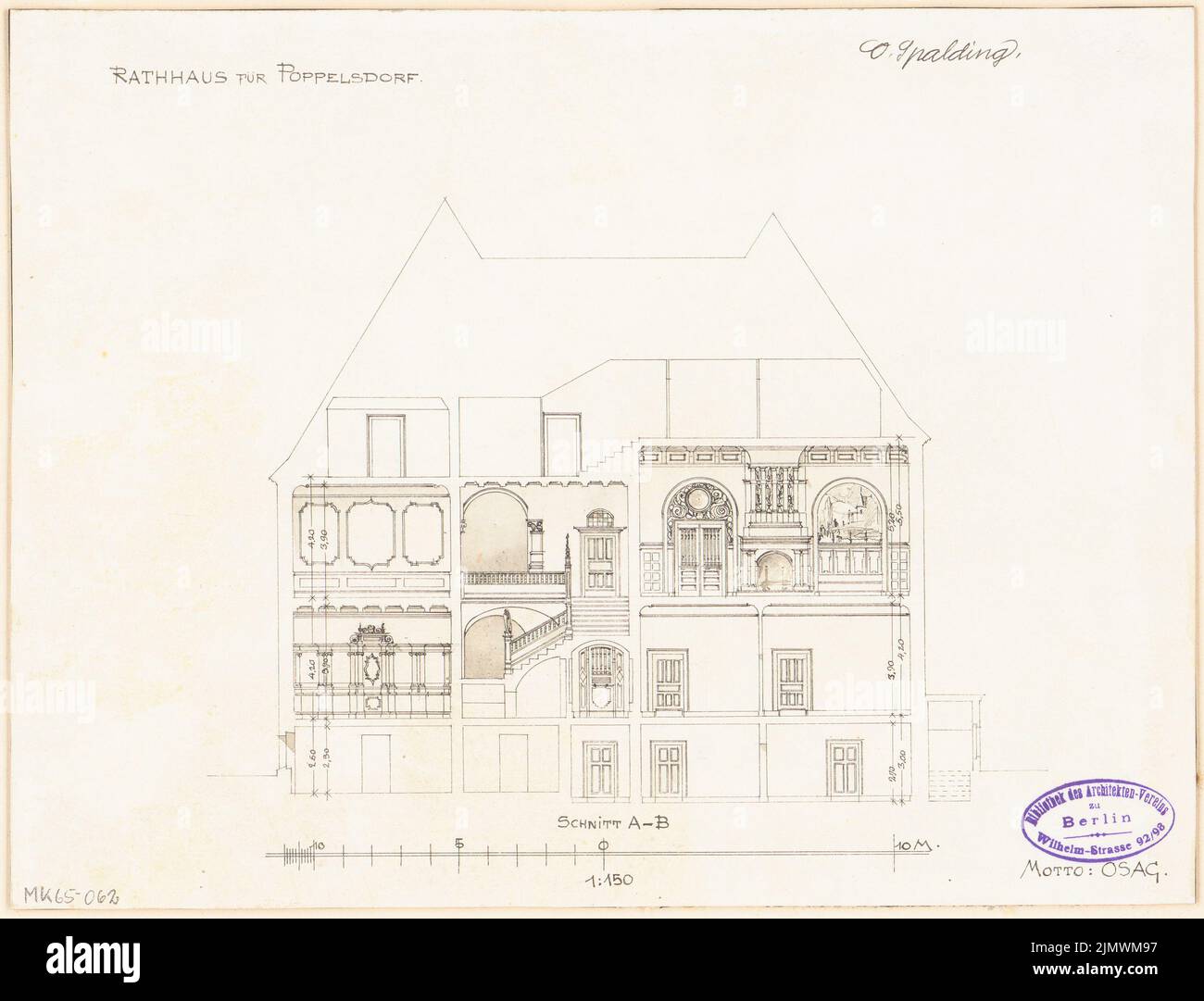 Spalding otto (1863-1945), Rathaus Bonn-Poppelsdorf. Concorso mensile luglio 1894 (07,1894): Sezione longitudinale 1: 150; barra di scala. Inchiostro su cartone, 23,7 x 31,1 cm (compresi i bordi di scansione) otto di Spalding (1863-1945): Rathaus, Bonn-Poppelsdorf. Monatskonkurrenz Juli 1894 Foto Stock