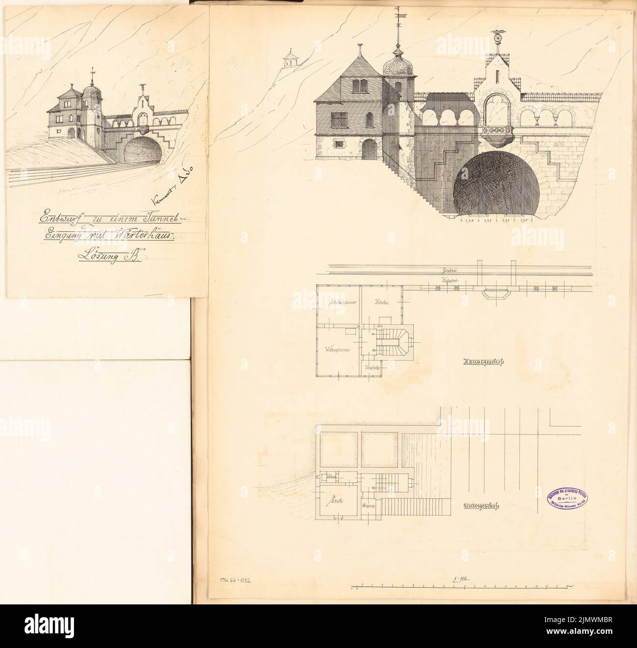 Architetto sconosciuto, ingresso tunnel. Concorso mensile Febbraio 1896 (02,1896): Variante B: Piano terra e piano superiore della casa custode, vista esterna 1: 100; vista prospettica; barra della bilancia. Inchiostro su cartone, 58,9 x 62,1 cm (inclusi i bordi di scansione) N. : Tunneleinfahrt. Monatskonkurrenz Febbraio 1896 Foto Stock