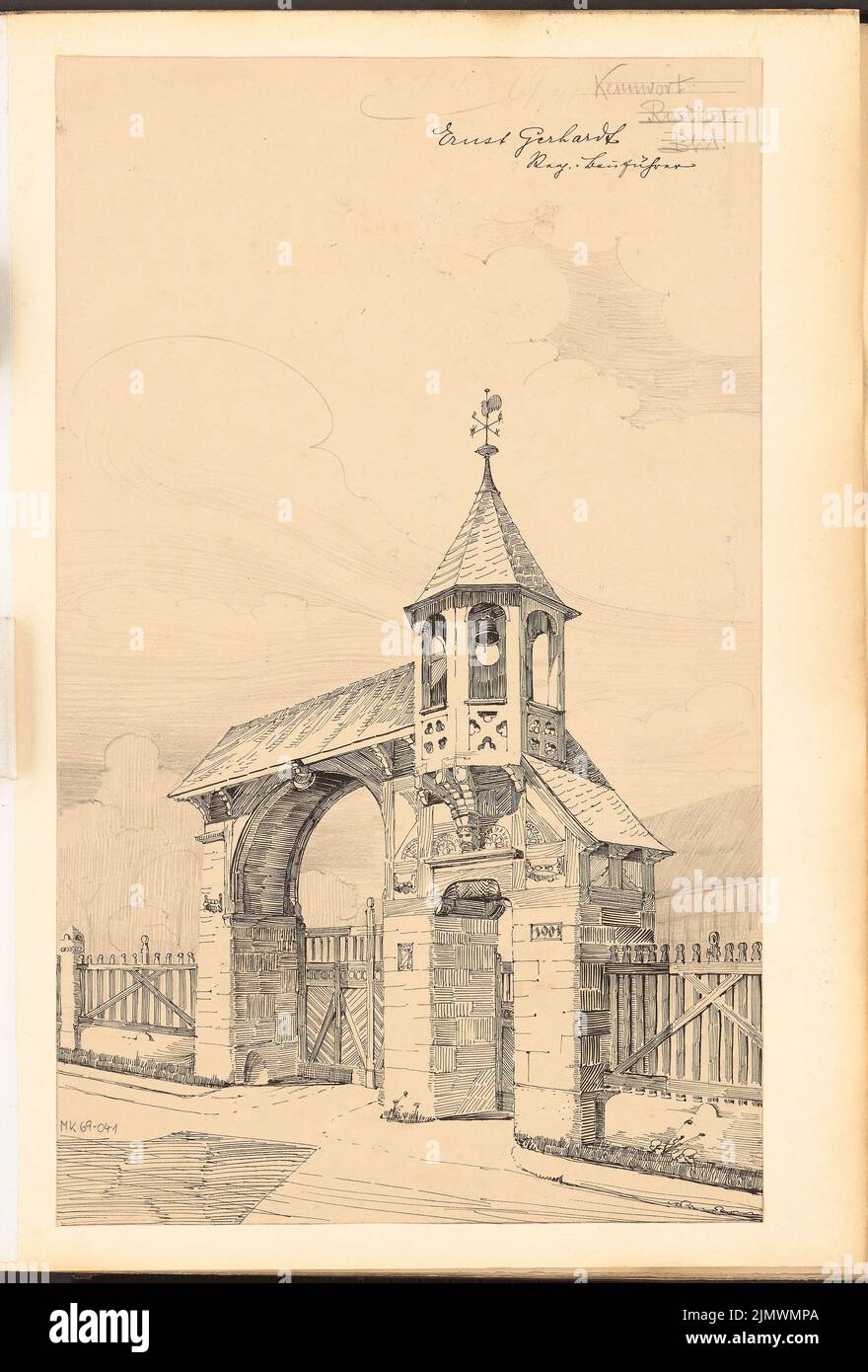 Gerhardt Ernst (nato nel 1874), recinzione con il cancello d'ingresso e l'ingresso pedonale. Concorso mensile Dicembre 1901 (12,1901): Prospettiva. Inchiostro e matita su cartone, 60,4 x 40,9 cm (compresi i bordi di scansione) Gerhardt Ernst (geb. 1874): Umfriedung mit Eingangstor und Fußgängereingang. Monatskonkurrenz Dezember 1901 Foto Stock