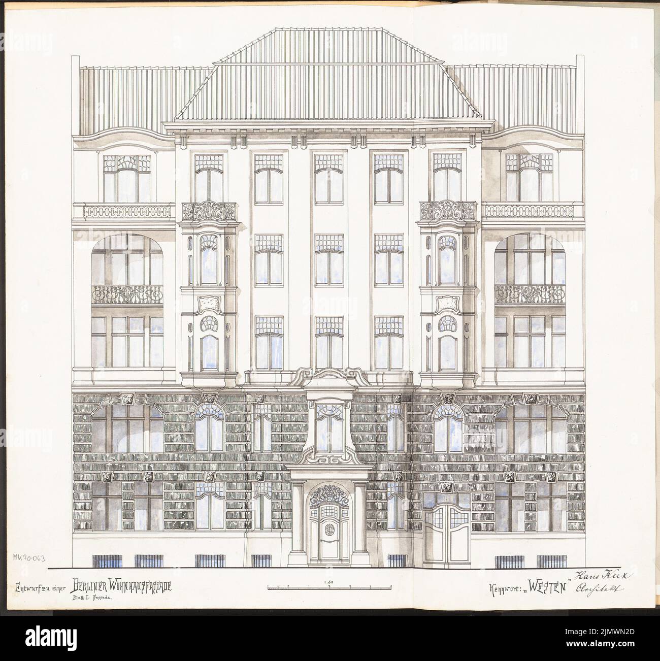 Kux Hans (1875-1935), facciata residenziale di Berlino. Concorso mensile Marzo 1905 (03,1905): RISS Road View 1:50; Scala bar. Acquerello Tusche su carta, 59,5 x 63,8 cm (compresi i bordi di scansione) Kux Hans (1875-1935): Berliner Wohnhausfassade. Monatskonkurrenz März 1905 Foto Stock