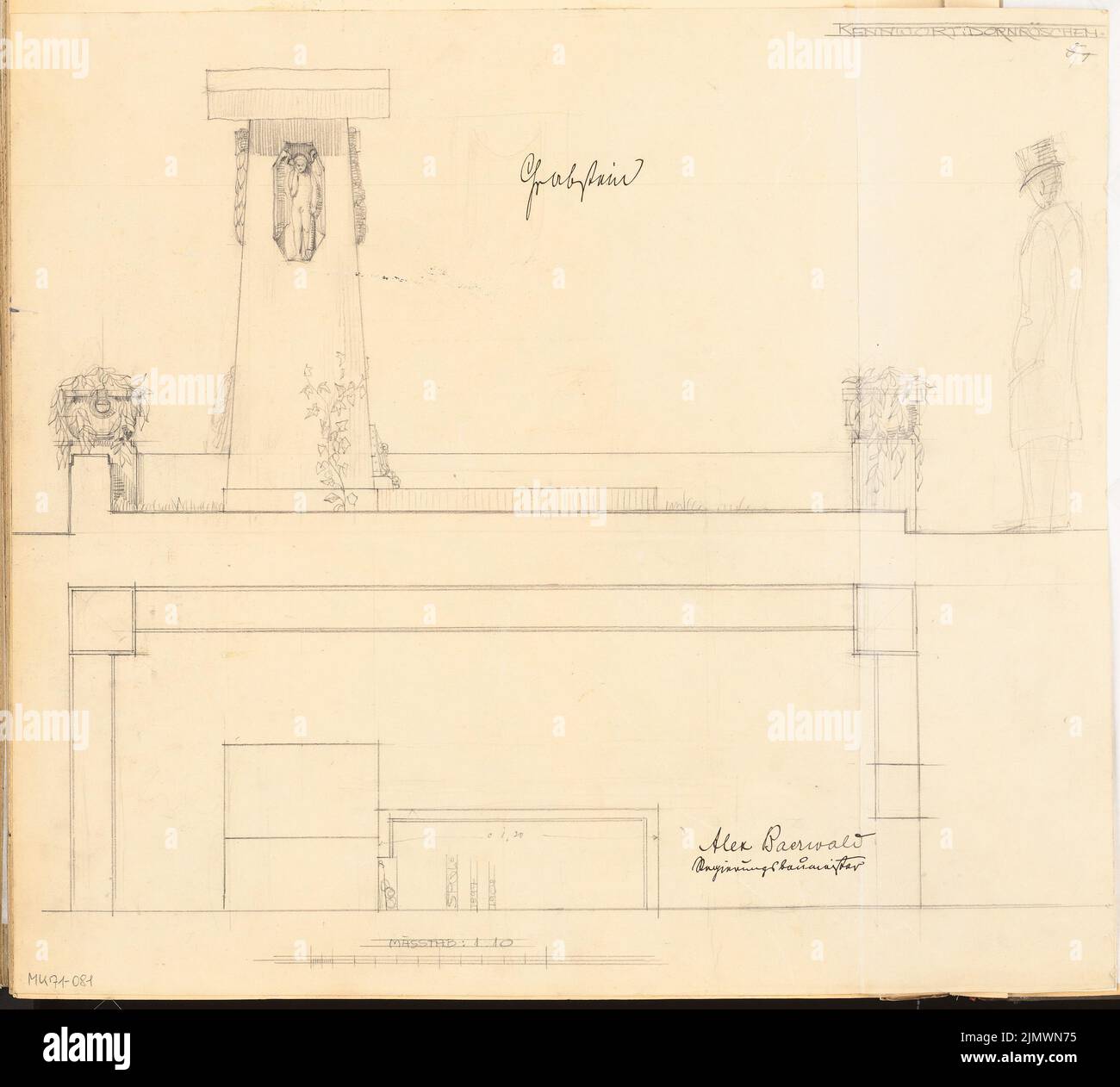 Baerwald Alexander (1877-1931), lapide. Concorso mensile Marzo 1907 (03,1907): Piano seminterrato, vista laterale verticale 1:10; Scala bar. Matita su carta, 46,8 x 51,9 cm (compresi i bordi di scansione) Baerwald Alexander (1877-1931): Grabbstein. Monatskonkurrenz März 1907 Foto Stock