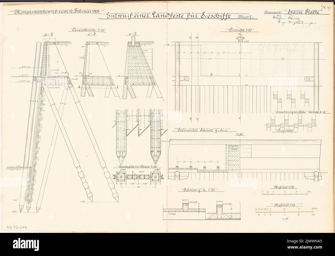 Planeth Walther (nato nel 1877), festival terrestri per navi marittime. Concorso mensile Febbraio 1908 (02,1908): Dettagli 1:50, 1:20, 1:10; 3 strisce in scala. Inchiostro su cartone, 40,7 x 58,4 cm (inclusi i bordi di scansione), spessore piano (geb. 1877): Landfeste für Seeschiffe. Monatskonkurrenz Febbraio 1908 Foto Stock