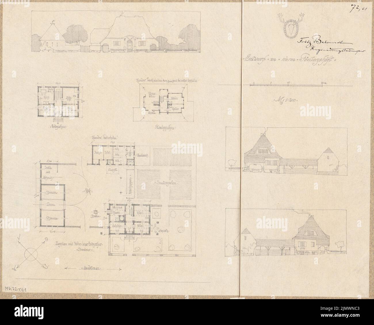 Behrendt Fritz (1877), Försterhöt. Concorso mensile Ottobre 1908 (10,1908): Pianta del sito con piano seminterrato, piano terra piano terra, soffitta, vista strada aperta, 2 altre viste 1: 200; Scale bar. Matita su carta, 43,9 x 54,8 cm (inclusi i bordi di scansione) Behrendt Fritz (geb. 1877): Förstergehöft. Monatskonkurrenz Oktober 1908 Foto Stock