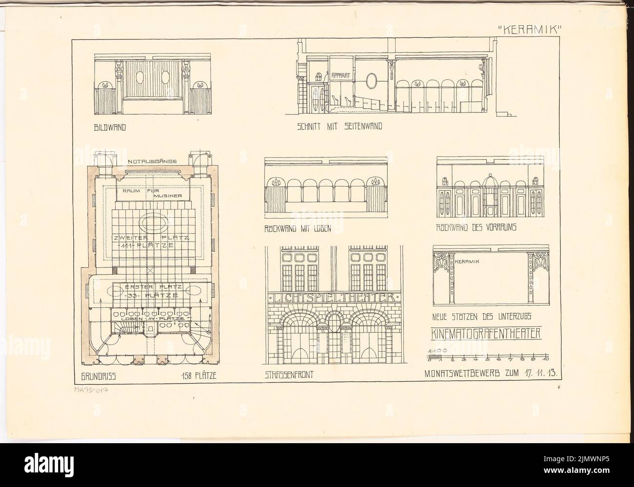 Fritzel Hermann (1884-1936), teatro cinematografico. Concorso mensile 1913 novembre (11,1913): Pianta del pavimento, profilo della strada, vista della parete longitudinale, vista della parete posteriore (logge, ingressi), vista della parete posteriore (foyer), vista della parete anteriore (tela), quersc. Inchiostro su cartone, 38,2 x 54,6 cm (compresi i bordi di scansione) Fritzel Hermann (1884-1936): Kinematografentheater. Monatskonkurrenz Novembre 1913 Foto Stock