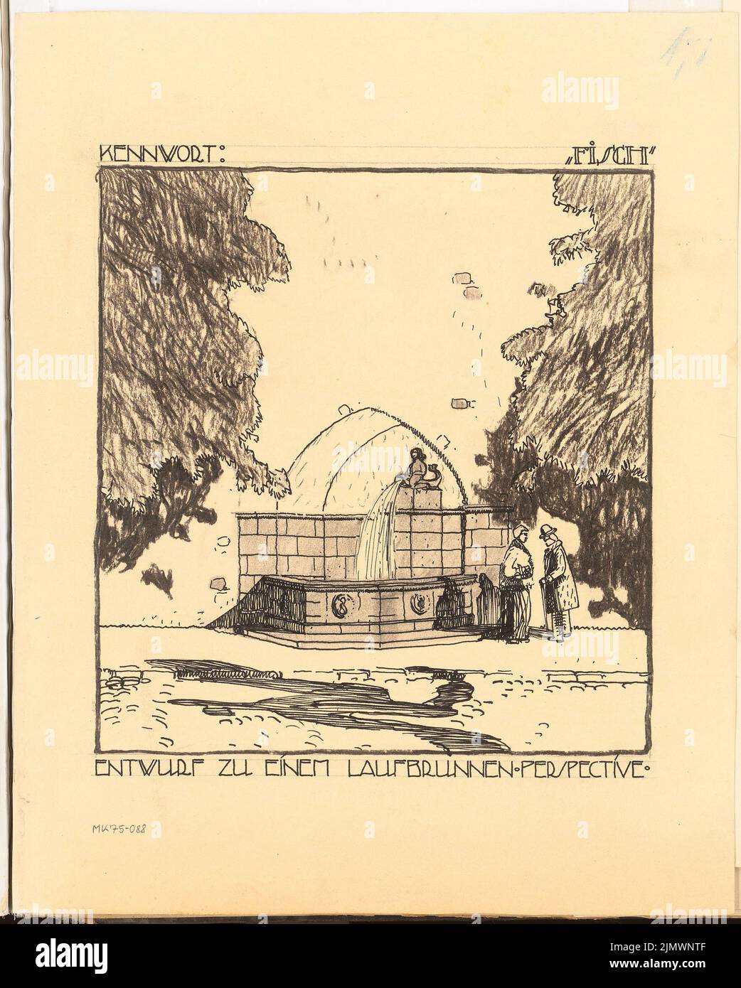 architetto sconosciuto, fontana in esecuzione. Concorso mensile Gennaio 1915 (01,1915): Prospettiva. Inchiostro e matita su cartone, 44,7 x 35,9 cm (compresi i bordi di scansione) N. : Laufbrunnen. Monatskonkurrenz Januar 1915 Foto Stock