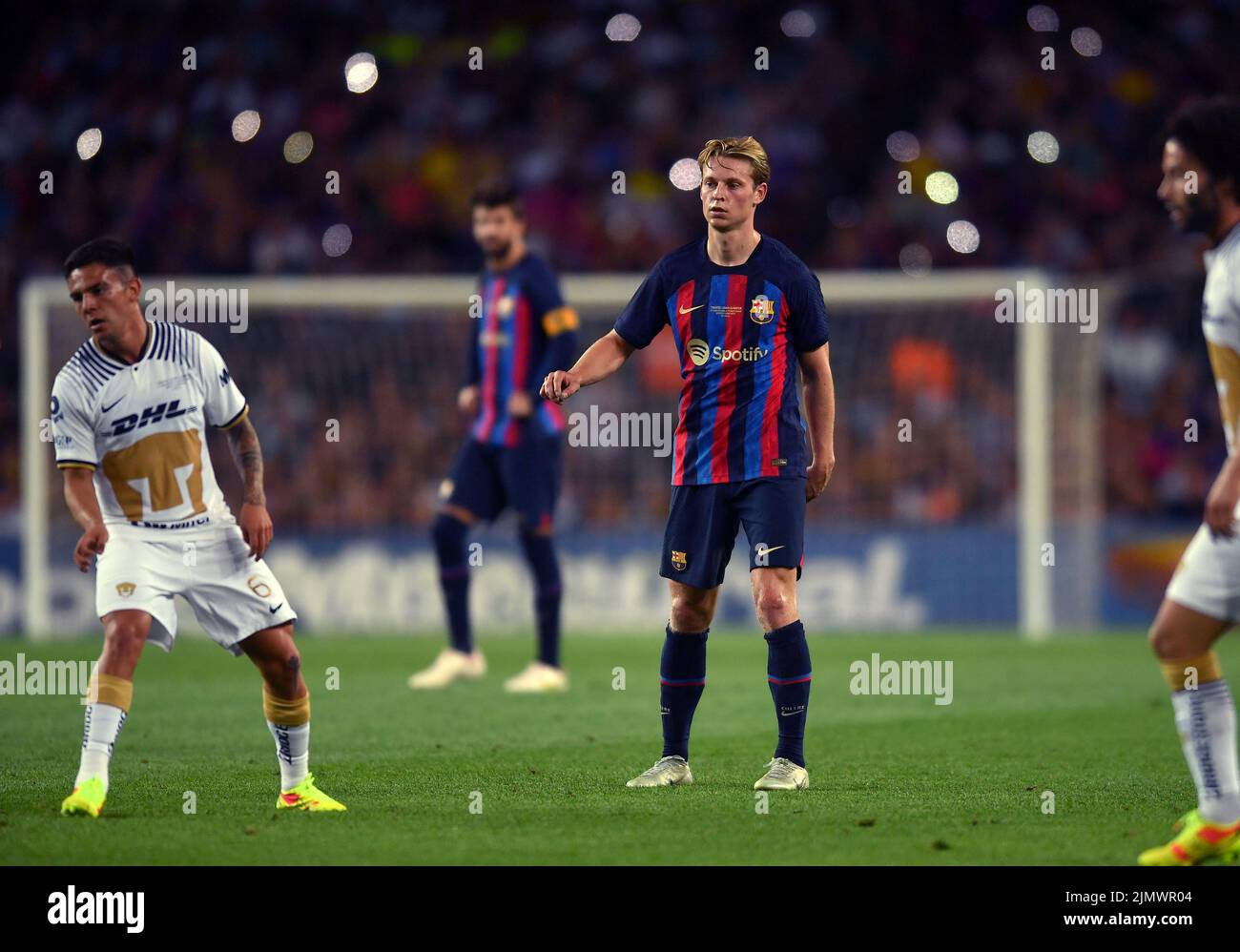Barcelona,Spain.07 August,2022. FC Barcelona contro Pumas UNAM Frenkie de Jong (21) del FC Barcelona durante la partita tra FC Barcelona e Pumas UNAM corrispondente al trofeo Joan Gamper allo stadio Camp Nou di Barcellona, Spagna. Credit: Rosdemora/Alamy Live News Foto Stock