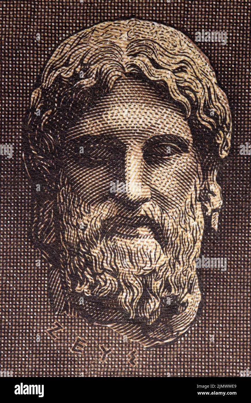 Zeus, ritratto dal greco denaro Foto Stock
